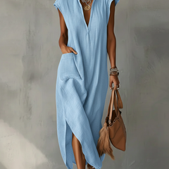 Women's Linen Midi Dress | Ruffle Collar Cap Sleeve V-Neck