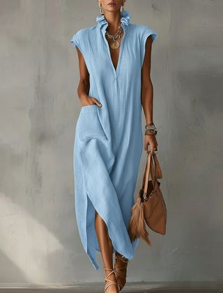 Women's Linen Midi Dress | Ruffle Collar Cap Sleeve V-Neck