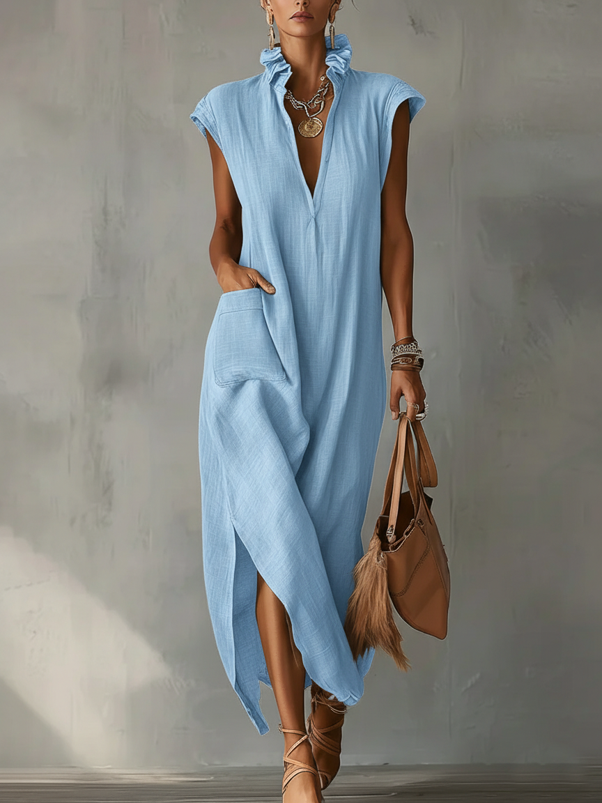Women's Linen Midi Dress | Ruffle Collar Cap Sleeve V-Neck