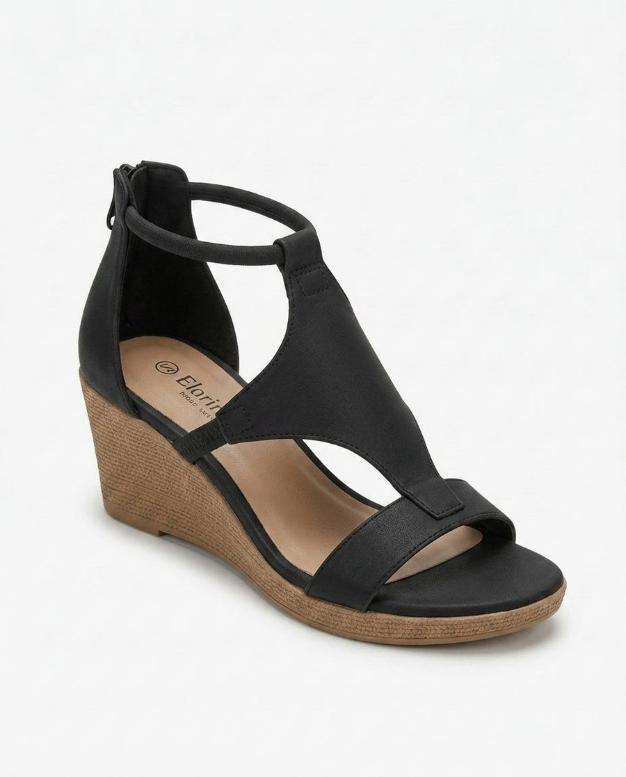 Women's Wedge Heels | T-Strap Closure Open Toe Faux Leather