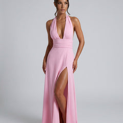 Women's Wedding Guest Dress | Maxi Halter Neck Leg Slit Polyester
