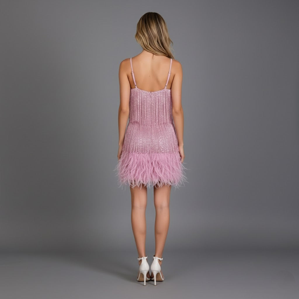 Women's Party Dress | V Neckline Cami Straps Mini Fringe Hem
