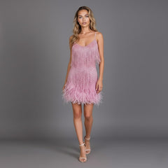 Women's Party Dress | V Neckline Cami Straps Mini Fringe Hem