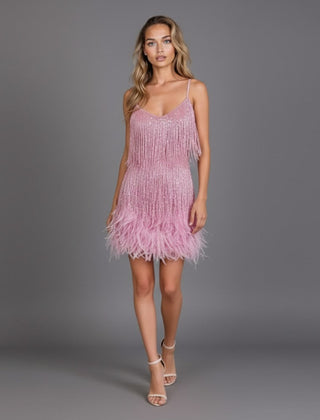 Women's Party Dress | V Neckline Cami Straps Mini Fringe Hem