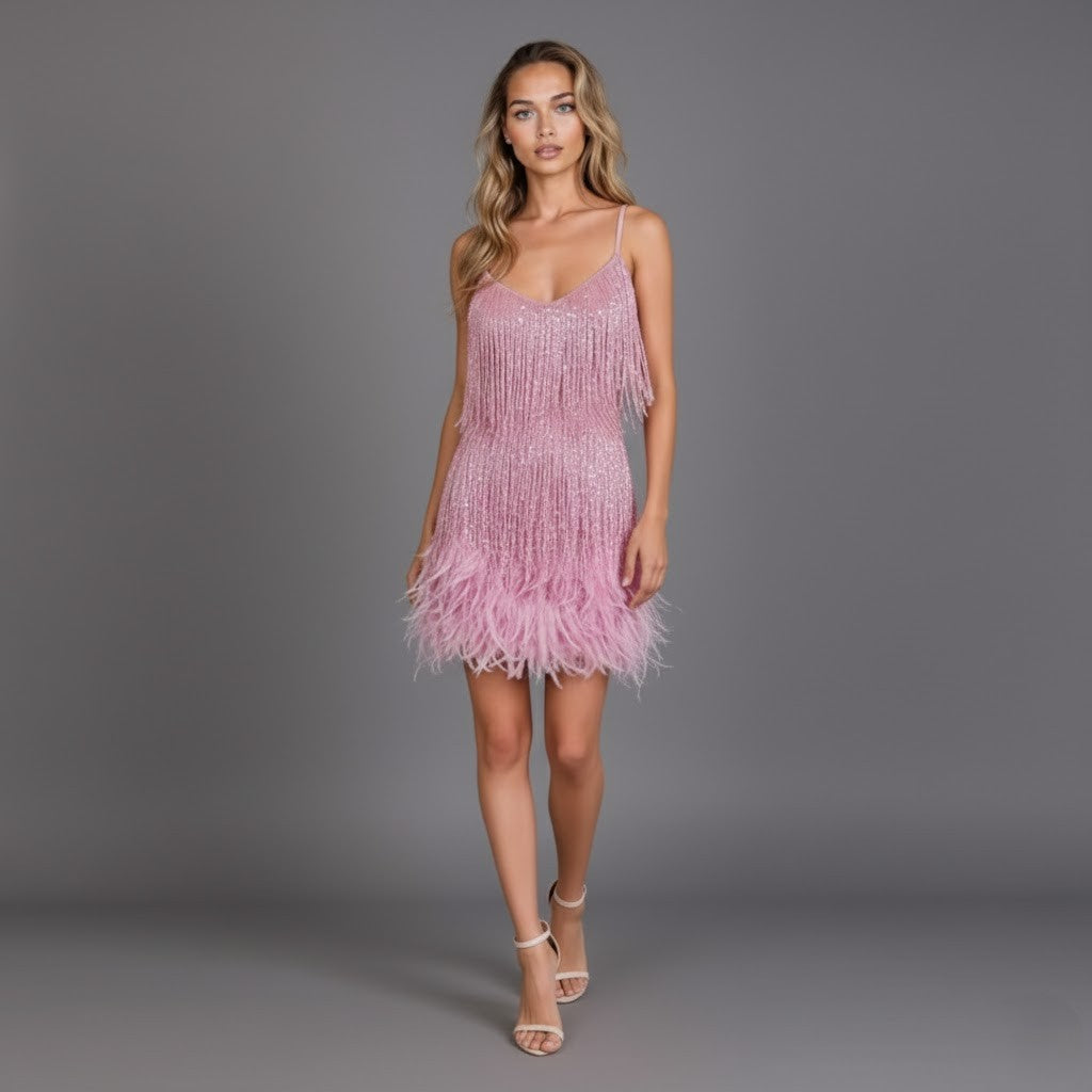 Women's Party Dress | V Neckline Cami Straps Mini Fringe Hem