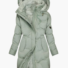 Women's Long Winter Coat | Quilted Hood Zip Pockets