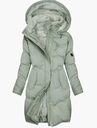 Women's Long Winter Coat | Quilted Hood Zip Pockets