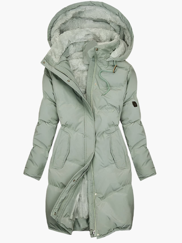 Women's Long Winter Coat | Quilted Hood Zip Pockets