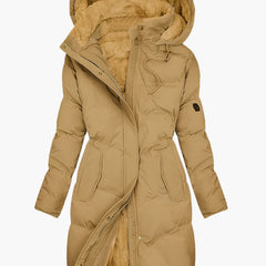 Women's Long Winter Coat | Quilted Hood Zip Pockets