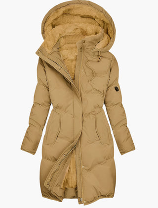 Women's Long Winter Coat | Quilted Hood Zip Pockets