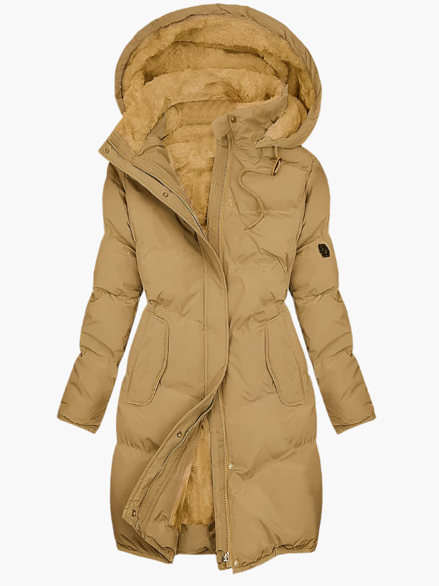 Women's Long Winter Coat | Quilted Hood Zip Pockets