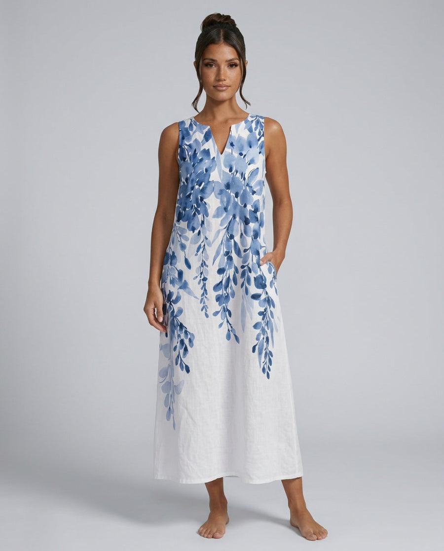 Women's White Dress | Midi V-Neck Sleeveless Floral Print