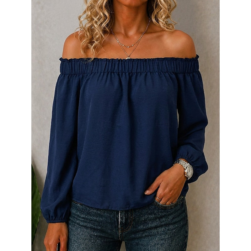 Women's Off The Shoulder Top | Ruffle Neckline Long Sleeve