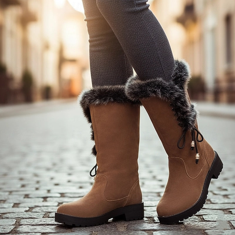 Women's Knee High Boots | Fur Trim Lace Up Block Heel