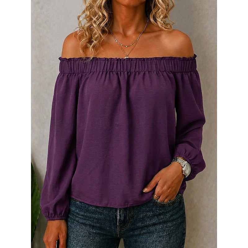 Women's Off The Shoulder Top | Ruffle Neckline Long Sleeve