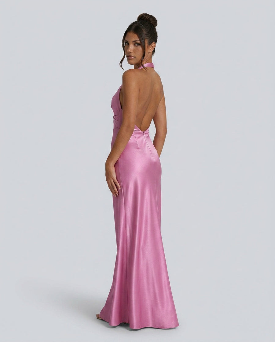 Women's Grad Dress | Halter Neckline Open Back Maxi Satin