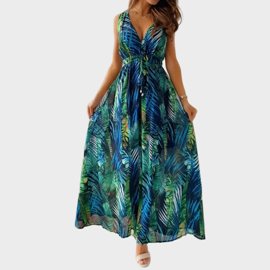 Women's Maxi Dress | V Neckline Sleeveless Tropical Print Flowing