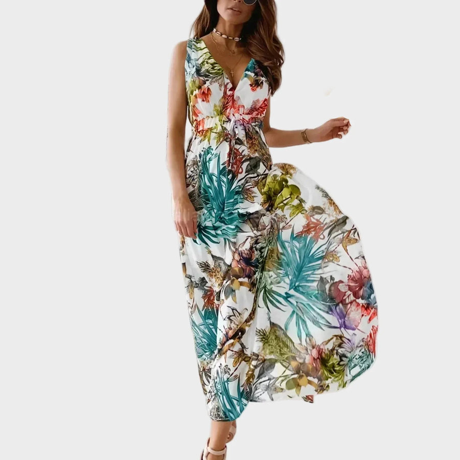 Women's Maxi Dress | V Neckline Sleeveless Tropical Print Flowing