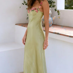 Women's Green Bridesmaid Dress | Maxi Sweetheart Neckline Floral Straps