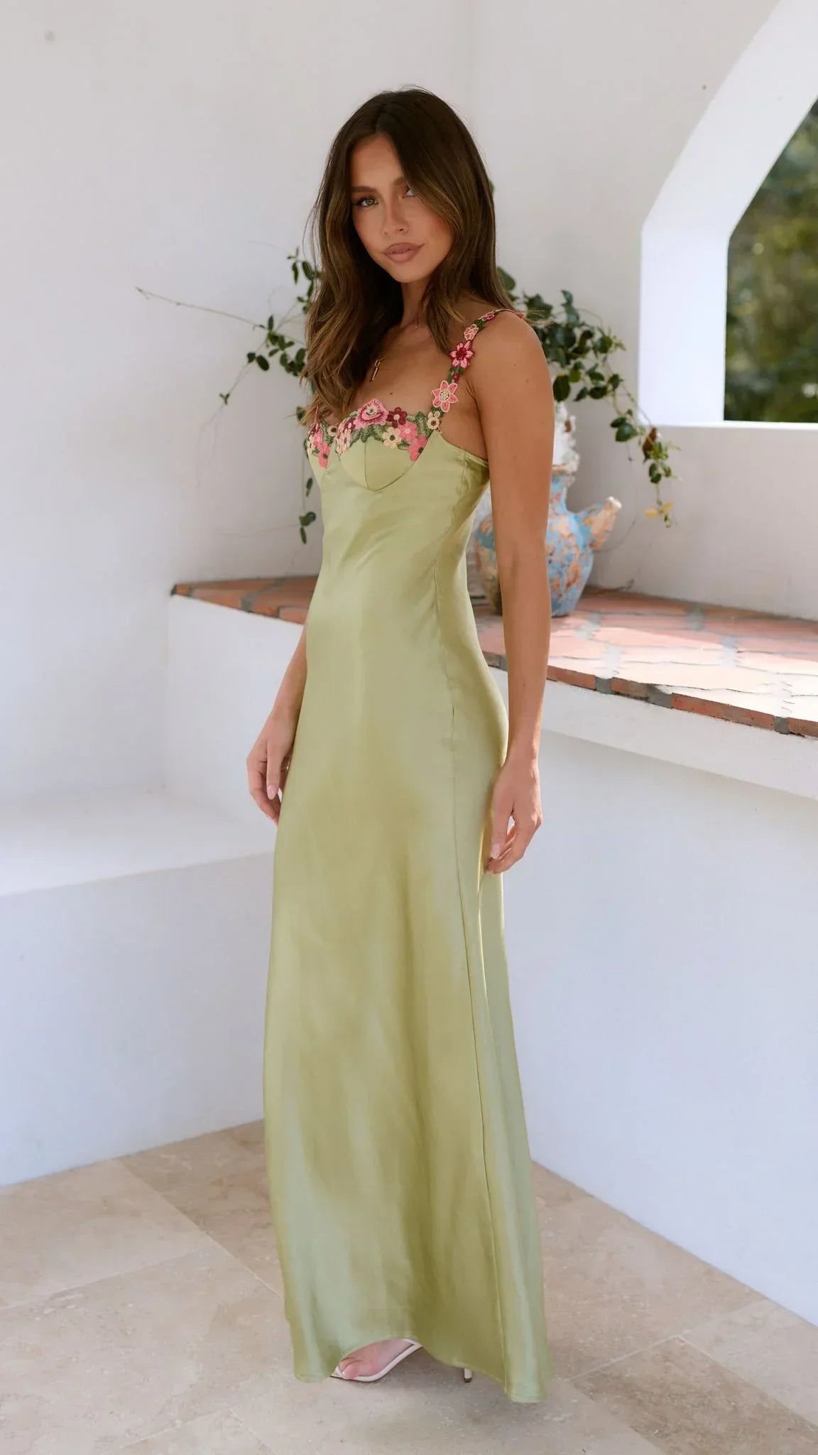 Women's Green Bridesmaid Dress | Maxi Sweetheart Neckline Floral Straps