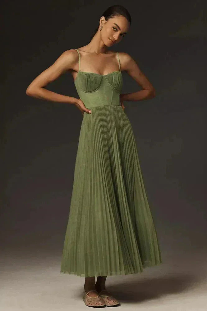 Women's Green Xmas Dress | Midi Sweetheart Pleated Sleeveless