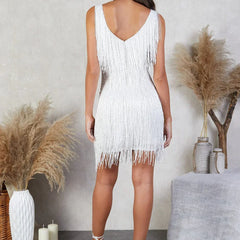 Women's Xmas Day Dress | Mini V-Neck Sleeveless Sequin Fringe
