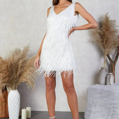 Women's Xmas Day Dress | Mini V-Neck Sleeveless Sequin Fringe