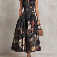 Women's Cocktail Dress | Midi Length Keyhole Neckline Floral Print