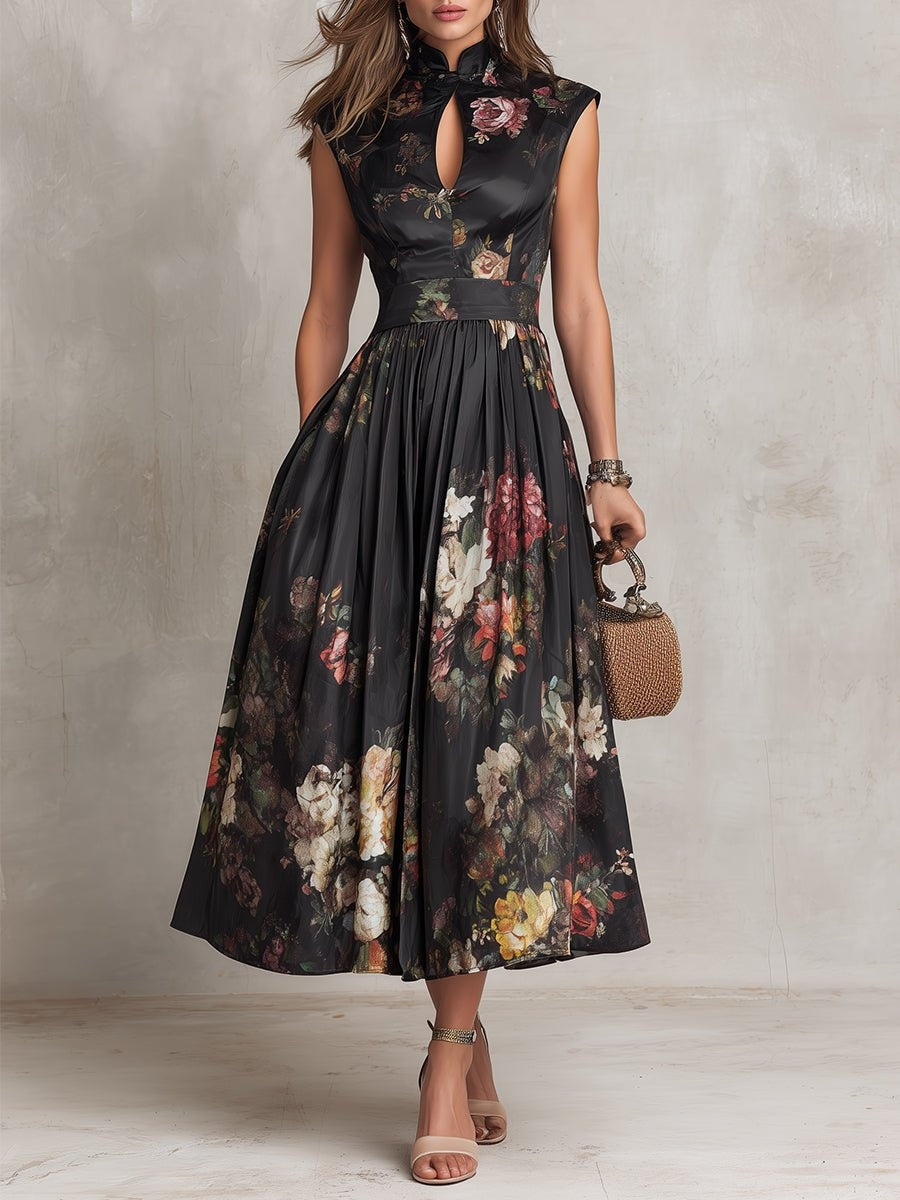 Women's Cocktail Dress | Midi Length Keyhole Neckline Floral Print