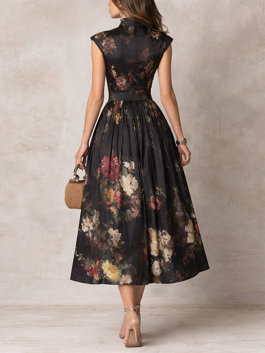 Women's Cocktail Dress | Midi Length Keyhole Neckline Floral Print