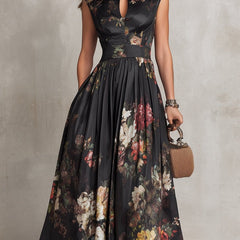 Women's Cocktail Dress | Midi Length Keyhole Neckline Floral Print