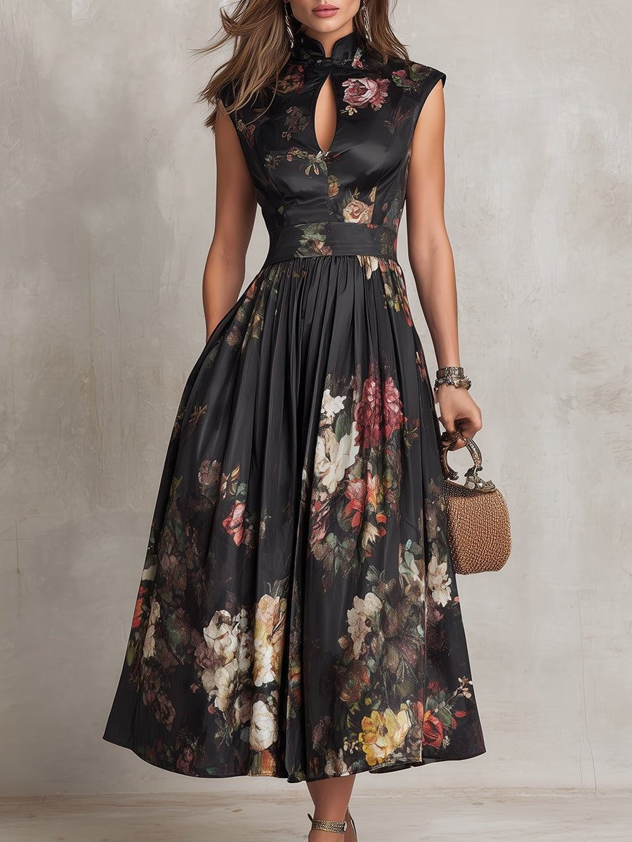 Women's Cocktail Dress | Midi Length Keyhole Neckline Floral Print