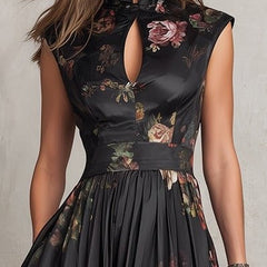 Women's Cocktail Dress | Midi Length Keyhole Neckline Floral Print
