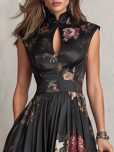 Women's Cocktail Dress | Midi Length Keyhole Neckline Floral Print