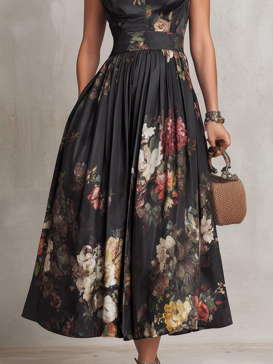 Women's Cocktail Dress | Midi Length Keyhole Neckline Floral Print