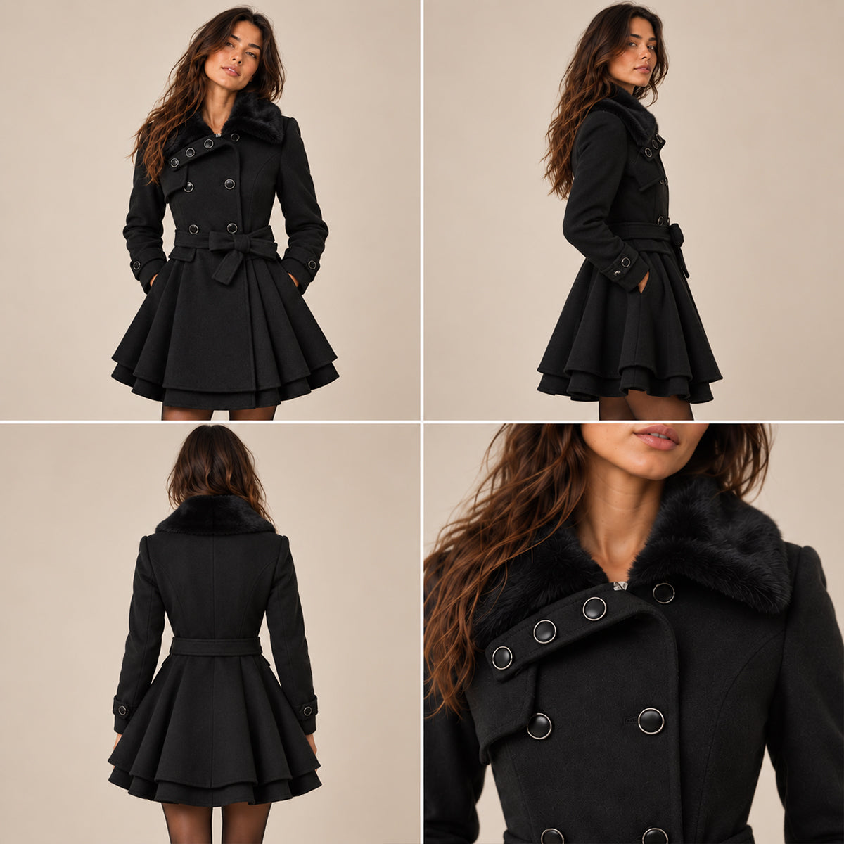 Women's Peacoat | Double-Breasted Fur Collar Belted