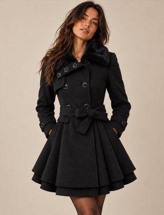 Women's Peacoat | Double-Breasted Fur Collar Belted
