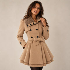Women's Peacoat | Double-Breasted Fur Collar Belted