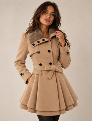 Women's Peacoat | Double-Breasted Fur Collar Belted