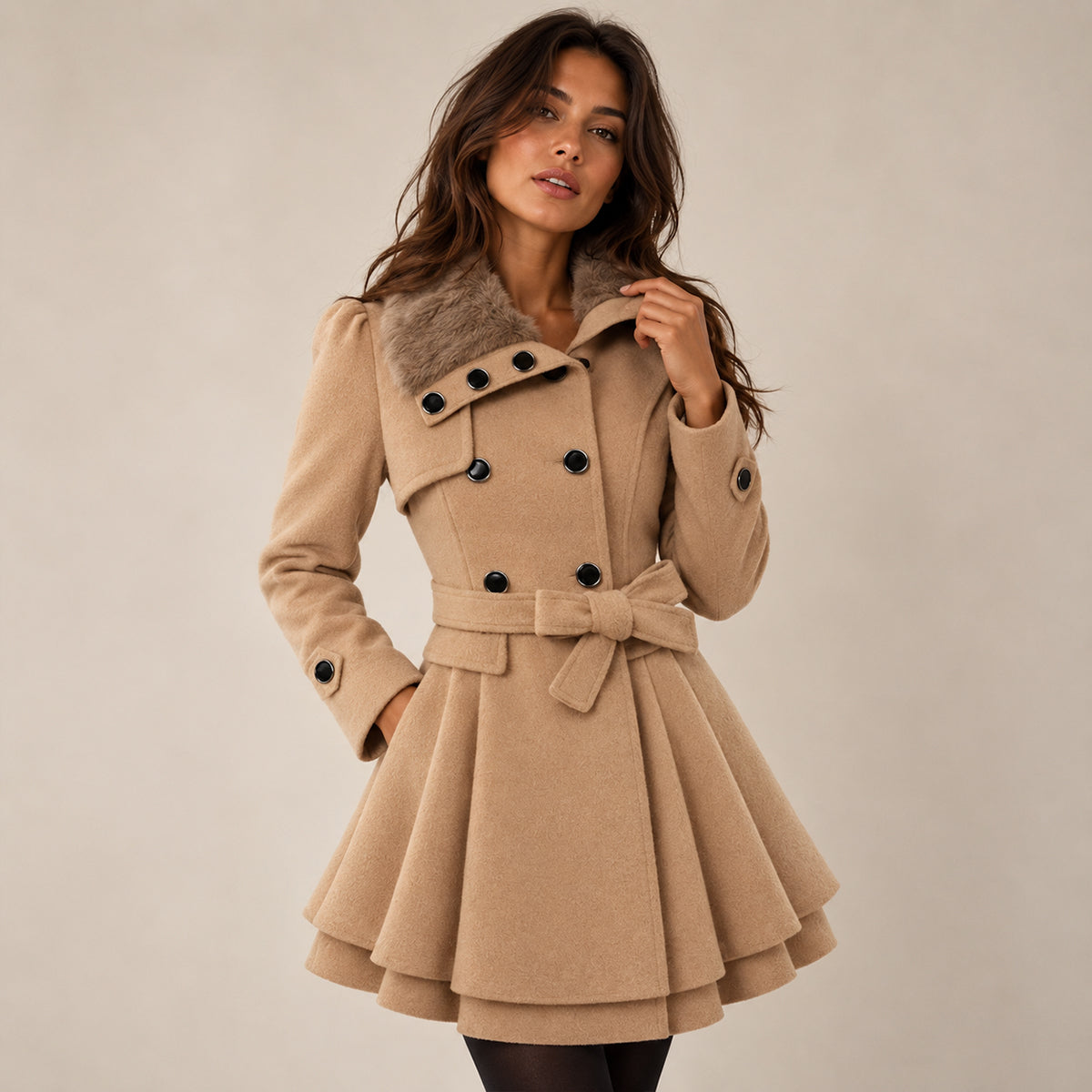 Women's Peacoat | Double-Breasted Fur Collar Belted