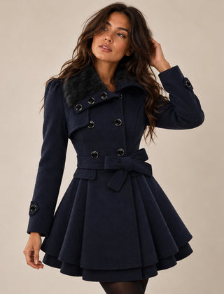 Women's Peacoat | Double-Breasted Fur Collar Belted