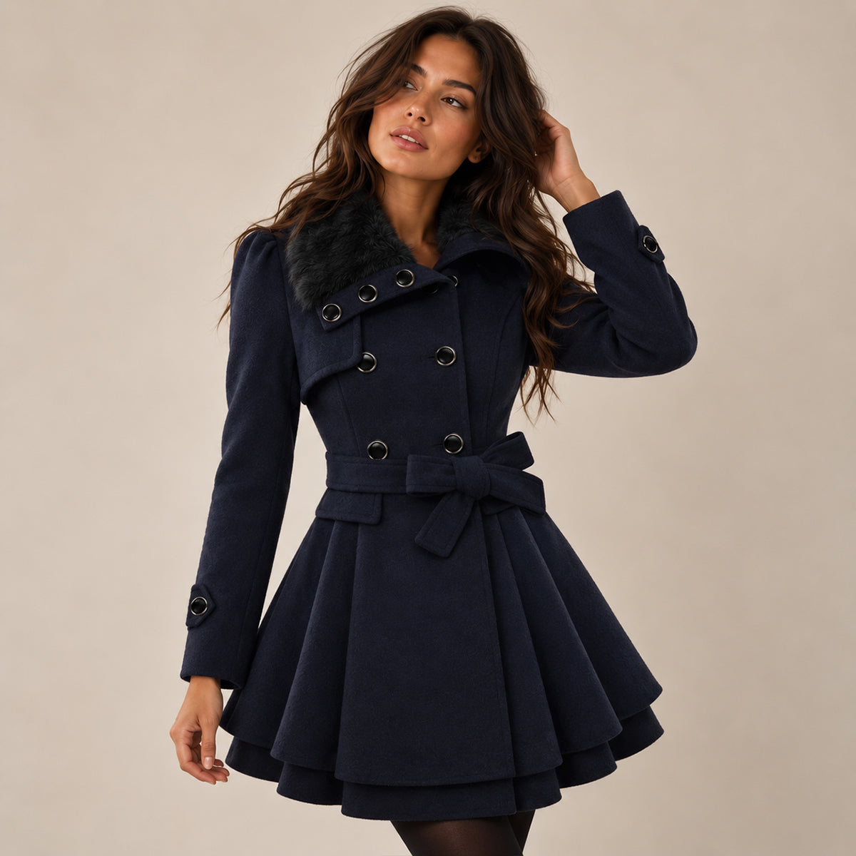 Women's Peacoat | Double-Breasted Fur Collar Belted