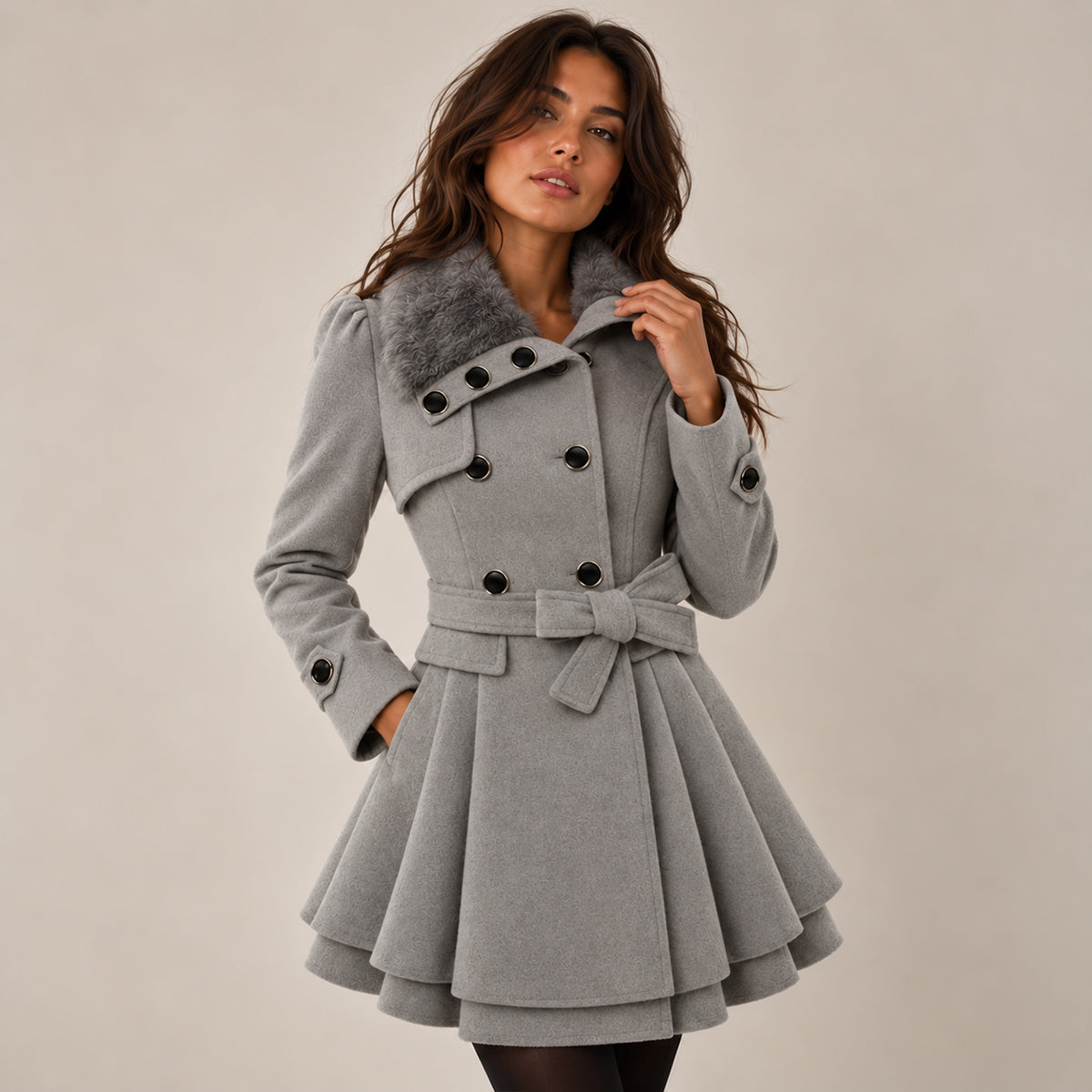 Women's Peacoat | Double-Breasted Fur Collar Belted