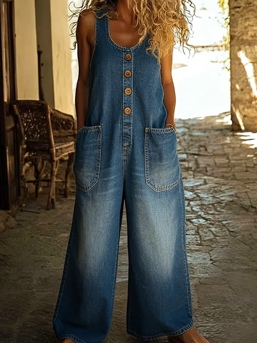 Women's Denim Overall | Relaxed Fit Button Front Pockets