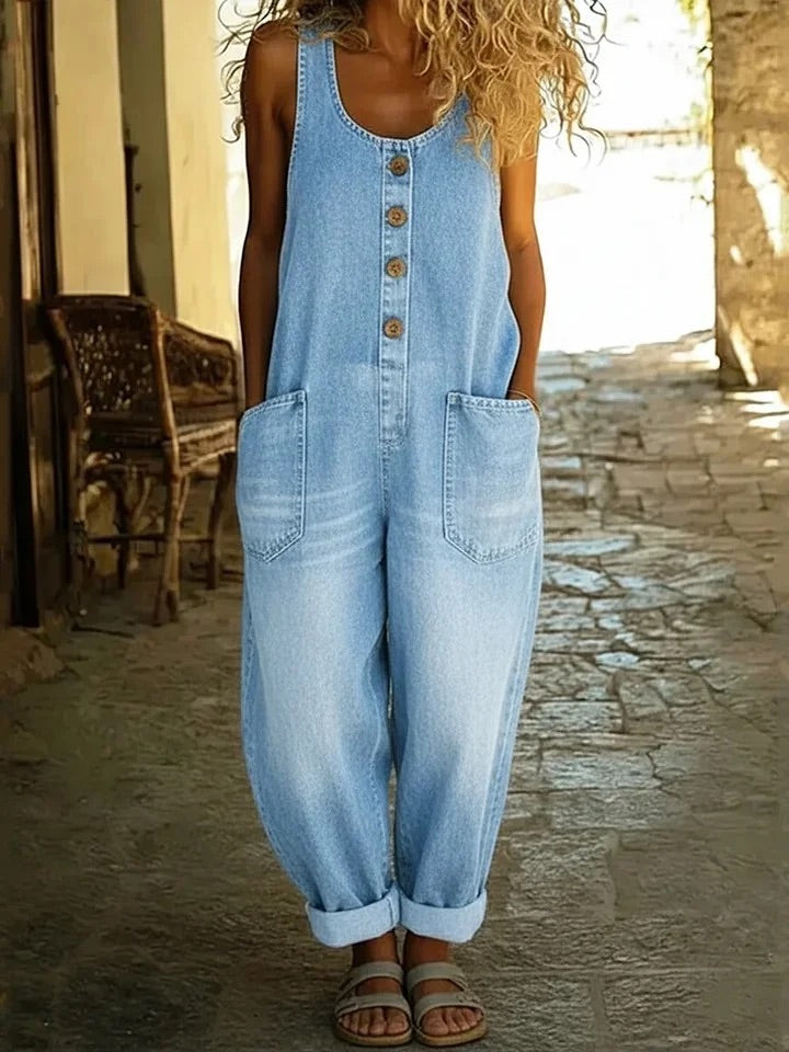 Women's Denim Overall | Relaxed Fit Button Front Pockets