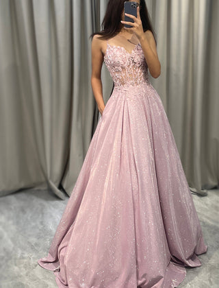 Elegant light pink embellished maxi dress for women, perfect as a wedding guest or formal evening gown.