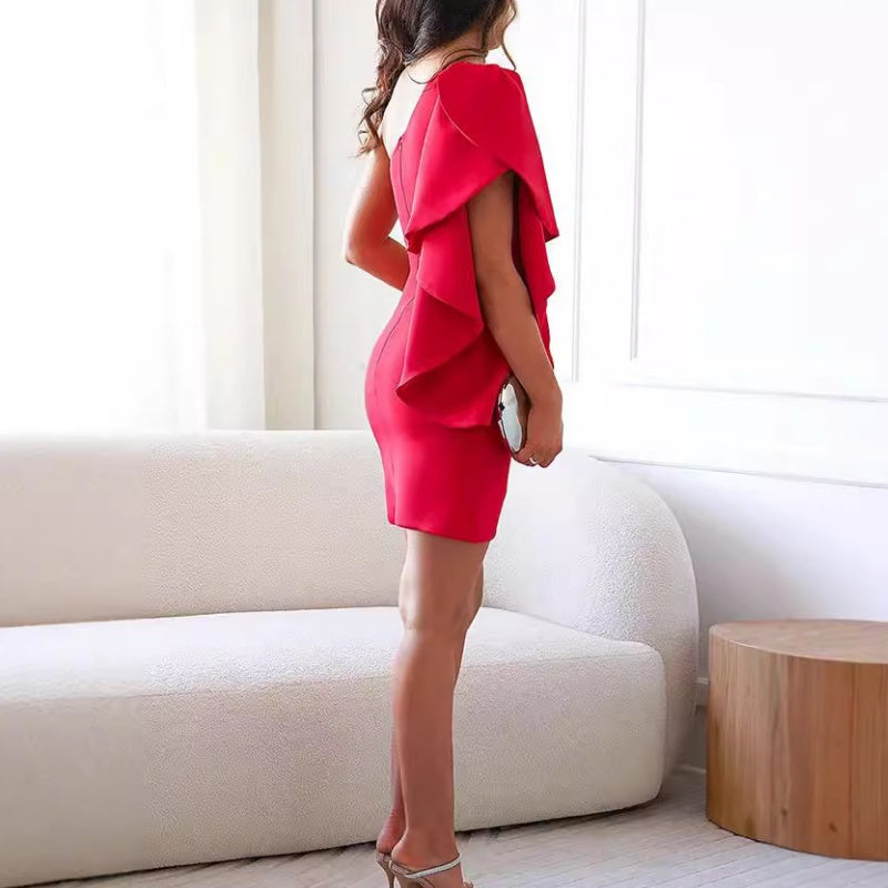 Women's Red Dress | Mini Asymmetrical Ruffle One Shoulder