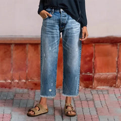 Women's Straight Leg Jeans | Cropped Ankle Distressed Denim