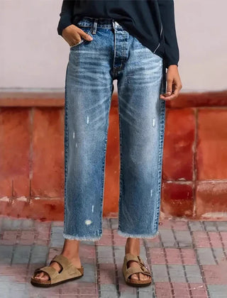 Women's Straight Leg Jeans | Cropped Ankle Distressed Denim