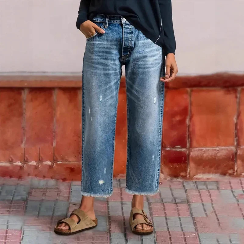 Women's Straight Leg Jeans | Cropped Ankle Distressed Denim